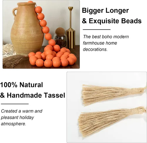 Vista 31 de OMISHE Guirnalda de cuentas de madera extra grande con cuentas de madera y borlas de 1.6 pulgadas de diámetro, cuentas decorativas rústicas de 41