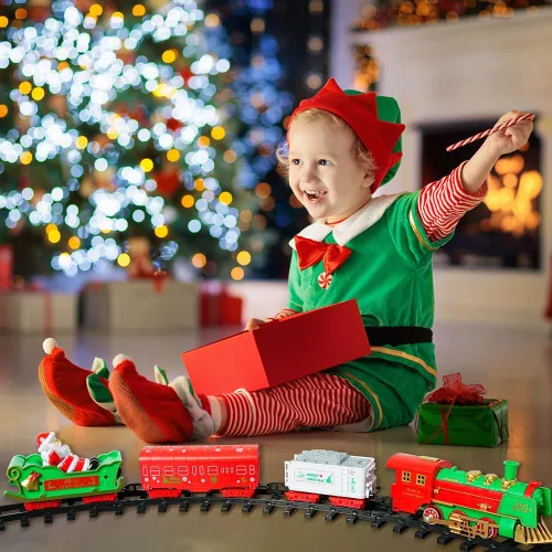 Vista 8 de Juego de Tren de Navidad Colgante - VATOS Juguete de Tren de Navidad 2 en 1 con Luz y Sonido para Niños, Juego de Juguete de Tren Alrededor y Debajo