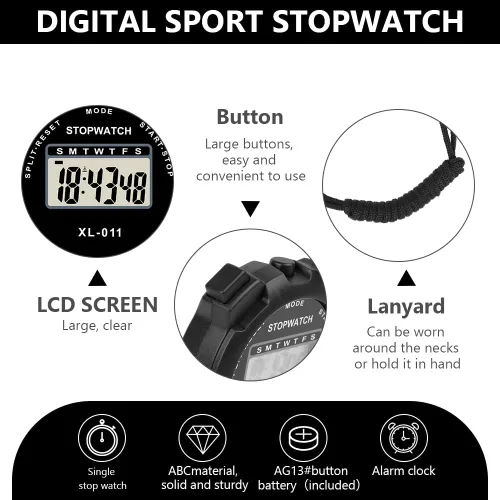 Vista 5 de Vicloon Temporizador deportivo digital, cronómetro de viaje simple con pantalla grande, temporizador dividido de una sola vuelta, fecha de alarma