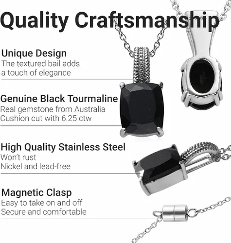 Vista 3 de SHOP LC DELIVERING JOY Black Tourmaline Necklace - Stainless Steel Pendant Necklace with a Solitaire Gemstone for Women - October Birthstone Jewelry