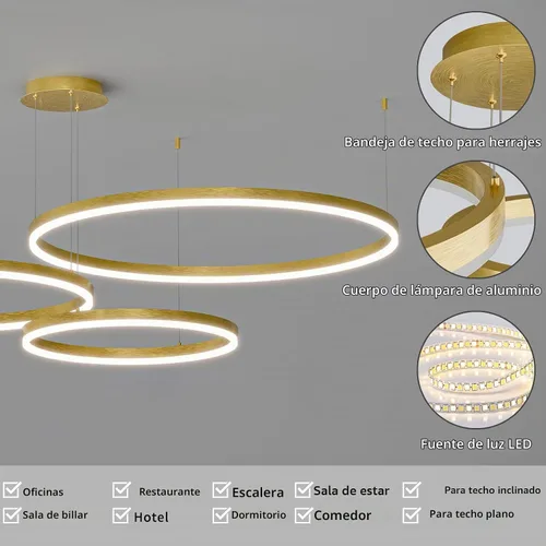 Vista 4 de Mikeru Lámpara de Araña LED Moderna de 3 Anillos, Accesorios de Luz Colgante de Techo con Control Remoto 3000k-6500K Temperatura de Color Ajustable