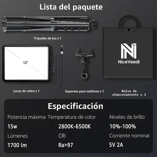 Vista 8 de NiceVeedi Iluminación de fotografía, luces de estudio regulables de 2800-6500K con trípode y soporte para teléfono, luz de video de 73 pulgadas
