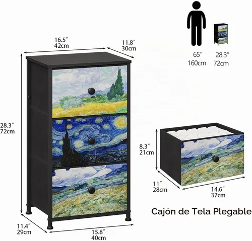 Vista 3 de Cómoda con 3 cajones Van Gogh, cómoda de cajones para dormitorio, mesa de noche estrecha, cómodas pequeñas y cofres de cajones para medio pasillo