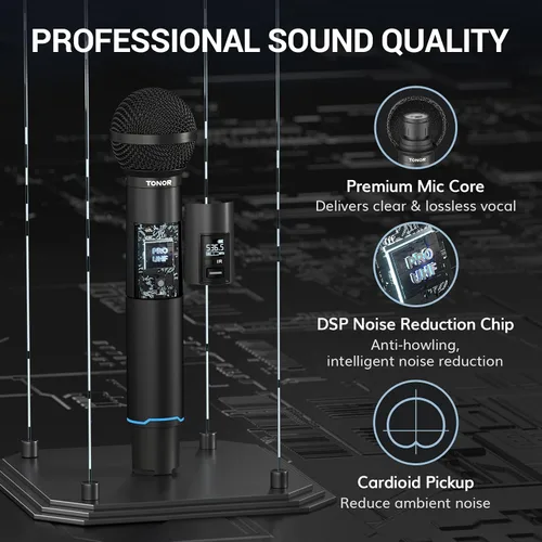 Vista 3 de TONOR Sistema de Micrófono Inalámbrico, Escaneo Automático y Emparejamiento Micrófono Inalámbrico Recargable Profesional, Set de 2x100 UHF