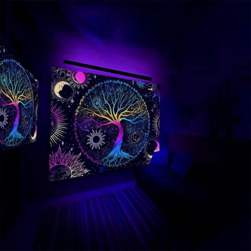 Vista 4 de AACKart Tapiz de luz negra para dormitorio - Tapiz espiritual del árbol de la vida que brilla en la oscuridad para colgar en la pared 59.1 x 51.2