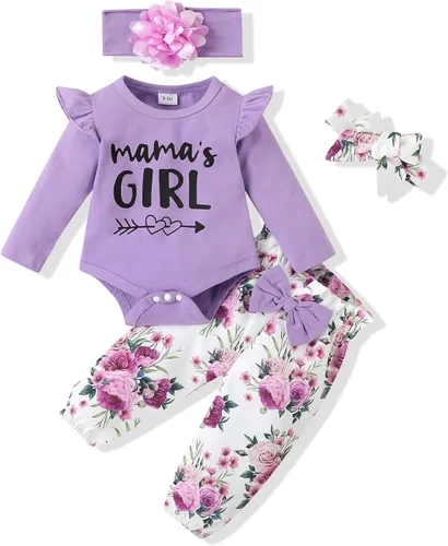 Vista 22 de SUNNY PIGGY Ropa para bebé recién nacida, 4 piezas, lindos trajes de otoño Rosa (Bow Pink)