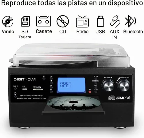 Vista 4 de FEKTIK Tocadiscos Bluetooth 10 en 1 con altavoz incorporado, reproductor de discos de vinilo, casete de CD y radio FM, AUX en USB grabación MP3 Negro