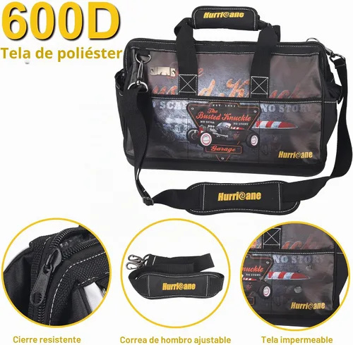 Vista 2 de Busted Knuckle Garage bolsa de herramientas portátil de 16 pulgadas con boca ancha, 21 bolsillos, gran espacio interior y base impermeable