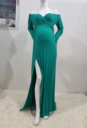 Vista 6 de ZIUMUDY Vestido de maternidad fuera del hombro envuelto para sesión de fotos de manga larga con hendidura lateral Maxi vestido de ducha de bebé