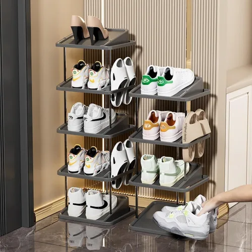 Vista 4 de Zapatero vertical apilable de 5 niveles para 10 pares, torre de zapatos estrecha, ahorro de espacio, para entrada, sala de estar, dormitorio Negro