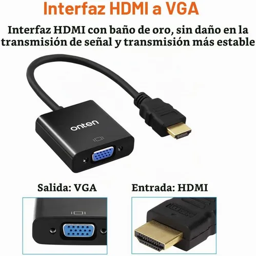 Vista 4 de ONTEN Cable HDMI a VGA. Convertidor HDMI macho a VGA macho con conector de audio de 0.138 in para TV Stick, Raspberry Pi, portátil, monitor, PC