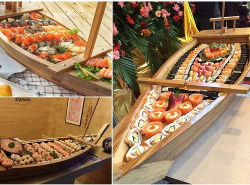 Vista 7 de Bandeja de madera para servir sushi barco, plato de sushi de 20.5 pulgadas para restaurante o hogar, bandeja de sushi de gran tamaño para servir