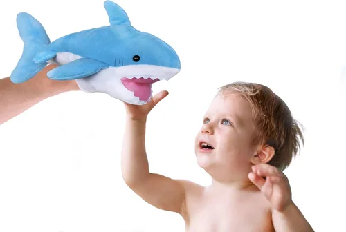 Vista 4 de ICE KING BEAR Lindo titere de mano de tiburón de peluche azul - Juguete de peluche - 14 pulgadas de largo