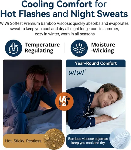 Vista 5 de WiWi Conjunto de pijama de viscosa de bambú para hombre, ropa de dormir de manga larga, ropa de dormir de punto, 2 piezas, conjuntos de ropa