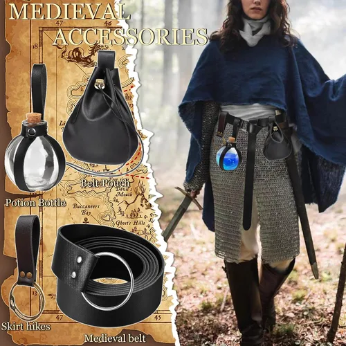 Vista 2 de Juego de 4 piezas de cinturón renacentista de Halloween, bolsa de cinturón de corcho, poción de corcho, falda de botella, caminatas, medieval