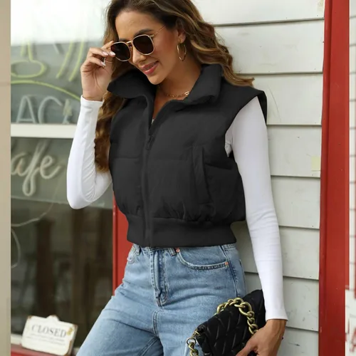 Vista 9 de Ainangua Chaleco acolchado corto para mujer, cuello alto, ligero, sin mangas, acolchado, con cremallera, ropa de abrigo
