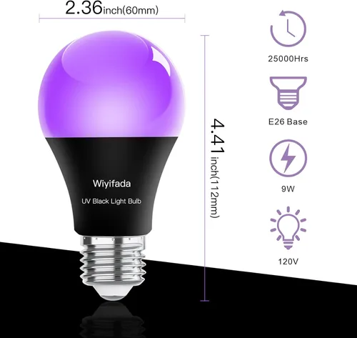 Vista 7 de Paquete de 2 bombillas LED negras, A19 de 9 W, luz negra UV que reemplaza hasta 100 W, 120 V, base E26, nivel UVA 385-400 nm, brilla en la oscuridad