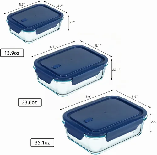 Vista 2 de 6 recipientes rectangulares de vidrio para almacenamiento de alimentos con tapas, recipientes de preparación de comidas para almacenamiento de Azul