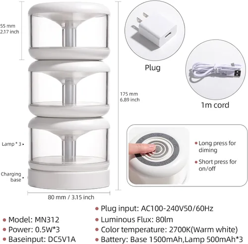 Vista 7 de oneleaf Luz de Ambiente Portátil LED Luz Nocturna, lámpara de vela, tres luces con base de carga, interruptor táctil recargable sin cable para baño