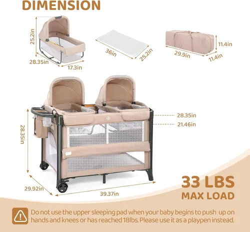 Vista 8 de JOYMOR Moisés doble para bebé, moisés de cabecera beige, convertible a moisés de cabecera y corralito, con ruedas, freno, moisés lateral plegable