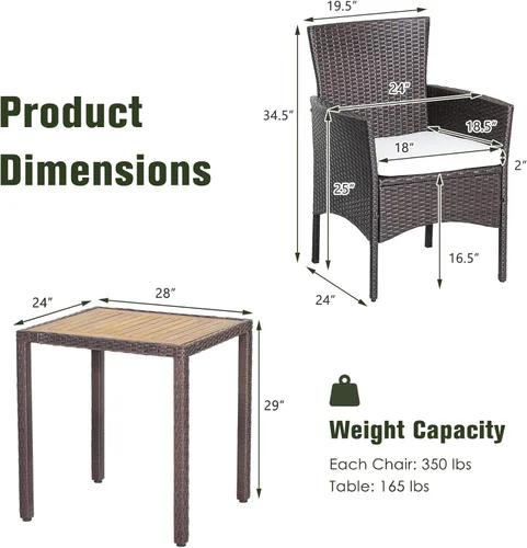 Vista 2 de COSTWAY Juego de comedor de mimbre para patio, mesa de madera de acacia con sillas acolchadas para jardín