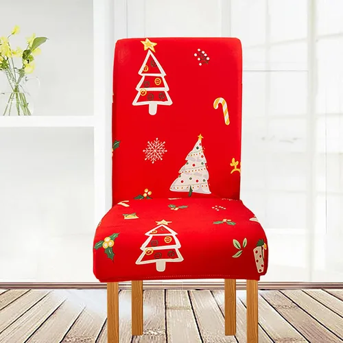 Vista 4 de Juego de 4 fundas protectoras para sillas de comedor navideñas, elásticas, extraíbles y lavables, fundas protectoras para sillas de comedor, fundas