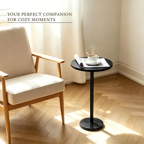 Vista 5 de smusei Mesas de bebidas para espacios pequeños, mesa auxiliar de pedestal con base de mármol, pequeña mesa auxiliar redonda negra para sofá, silla