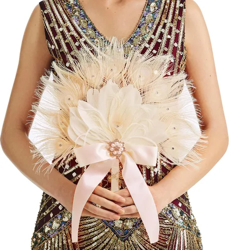 Vista 14 de BABEYOND Bouquet de novia vintage con plumas de avestruz de los años 1920, abanico de plumas de avestruz con cristal, ramo de novia de los años 20