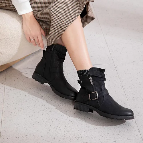 Vista 2 de Hawkwell Botas de combate para mujer, botas de tobillo con hebilla lateral y cremallera