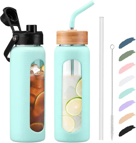 Vista 59 de Botella de agua Kodrine con pajita, botella de vidrio de 24 oz con 2 tapas, una de pajita de bambú y otra con pico y asa, botella de vidrio