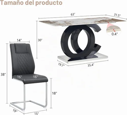 Vista 3 de Ebullient Juego de Mesa de Comedor Moderno para 4, Juego de 5 Piezas de Mesa de Comedor y Sillas para 4, Tablero de Mesa de Mármol PDLB y Base