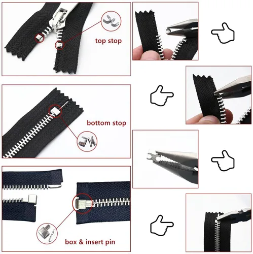 Vista 4 de Juego de accesorios de reparación de cremallera metálica de 48 piezas, kit de costura para bricolaje con deslizador, retenedor, inserto de caja
