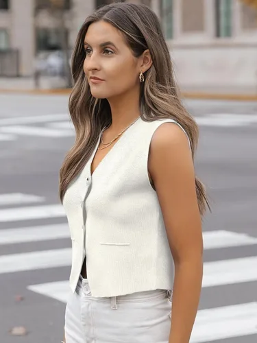 Vista 4 de LILLUSORY Camisetas casuales de negocios para mujer, estilo 2024, suéter sin mangas, cuello en V, con botones, recortada