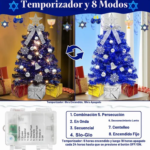 Vista 5 de Timer - 24 Inch/2 FT Blue Tabletop Christmas Tree with Lights 8 Modes Mini árbol de Navidad pequeño, 20 luces blancas cálidas, 20 cajas de Azul