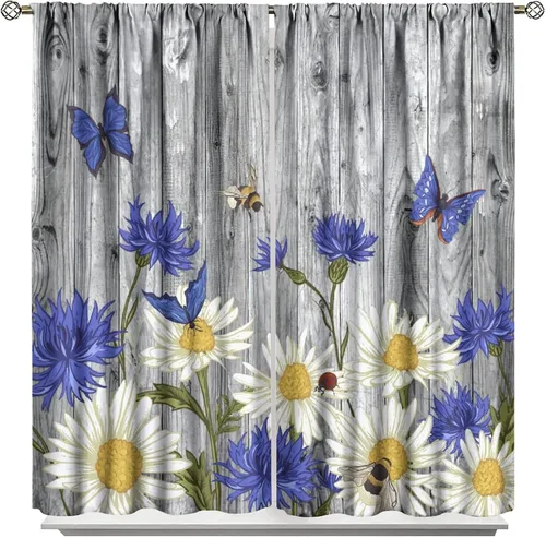 Vista 42 de Cortinas de cocina rústicas y florales, estilo retro, estilo granja, cabaña, casa de campo, margaritas, estilo granja, ventana, puerta