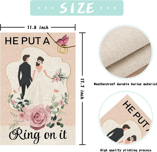 Vista 2 de Bandera de jardín con texto en inglés "He Put a Ring on It", de arpillera vertical de doble cara, boda, compromiso, propuesta, despedida de soltera