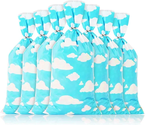 Vista 4 de Lecferrarc 100 bolsas de golosinas con estampado de nubes blancas y cielo azul, nubes blancas, bolsas de dulces de celofán, recuerdos de fiesta