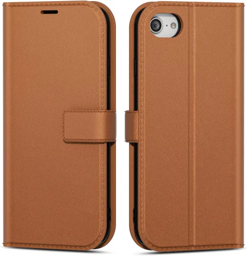Vista 104 de oakxco Funda tipo cartera para iPhone SE 2022/2020/8/7 con soporte para tarjeta de crédito, funda magnética RFID delgada tipo libro con tapa