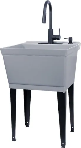 Vista 10 de Fregadero utilitario negro con grifo negro de arco alto de VETTA de JS Jackson Supplies, boquilla de rociador extraíble, fregadero de inclinación