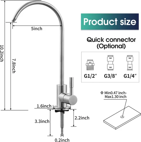 Vista 5 de Grifo de agua potable níquel cepillado SUS304 Grifo de filtro de agua de cocina de acero inoxidable, grifo de agua de ósmosis inversa sin plomo