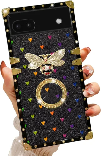 Vista 47 de nancheng Funda para Google Pixel 6 de lujo, diseño de abeja, corazón y abeja, chapado en oro, con anillo de diamante de 360°, correa de cordón