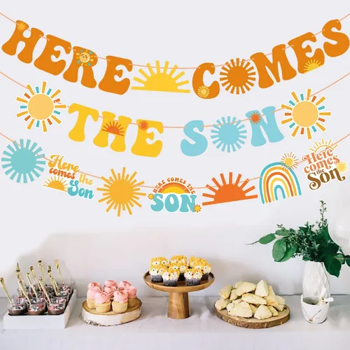 Vista 6 de Cartel para baby shower con texto en inglés «Here Comes The Son» «Here Comes The Sun», decoración para baby shower, 3 piezas, decoración de fiesta