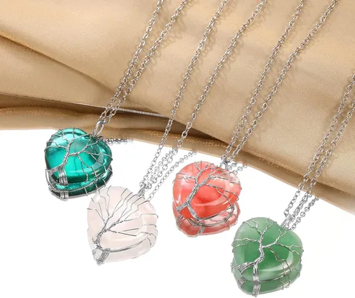 Vista 4 de Bestyle Collar de cristal curativo envuelto en árbol de la vida, colgante de piedra natal de 12 meses para parrillas de mujer, joyería de piedras