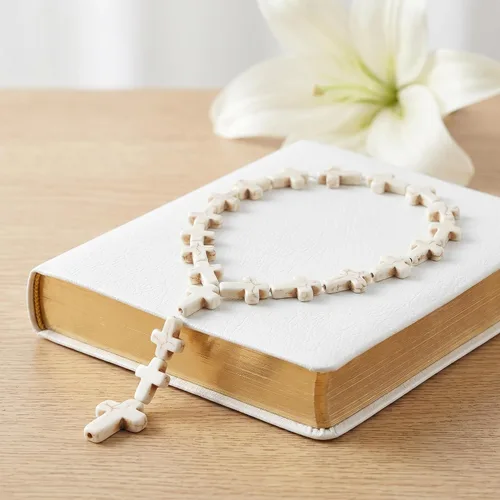 Vista 3 de Jucoan 240 cuentas espaciadoras de cruz blanca y turquesa gruesa, cuentas pequeñas con dije de cruz religiosa para pulseras, collares, rosario