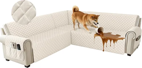 Vista 10 de Fundas impermeables para sofá seccional de esquina en forma de L, de terciopelo, juego de 6 piezas, funda en forma de U para sofá, para perros