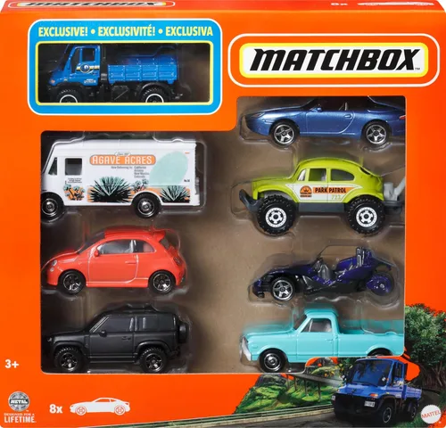 Vista 2 de Matchbox Juego de 8 autos o camiones de juguete fundidos a presión a escala 1:64, paquete múltiple temático de 8 vehículos, incluyendo 1 exclusivo