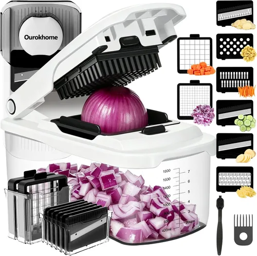 Vista 14 de Picadora de verduras Ourokhome con recipiente, picadora manual de verduras con 2 cuchillas de corte para tiras de papa, cubos de cebolla, palitos