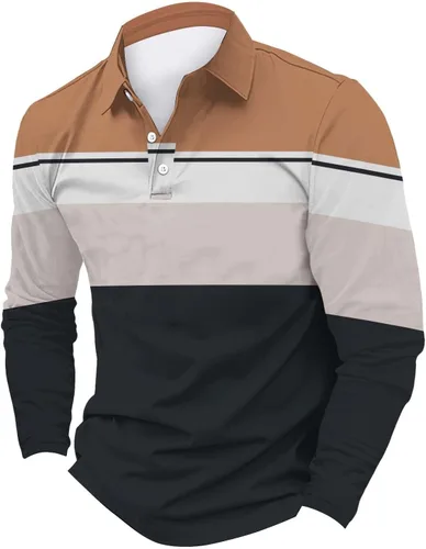 Vista 2 de Camisas polo de manga larga con estampado a rayas para hombre, camiseta de golf para exteriores, cuello en V, camiseta clásica de negocios