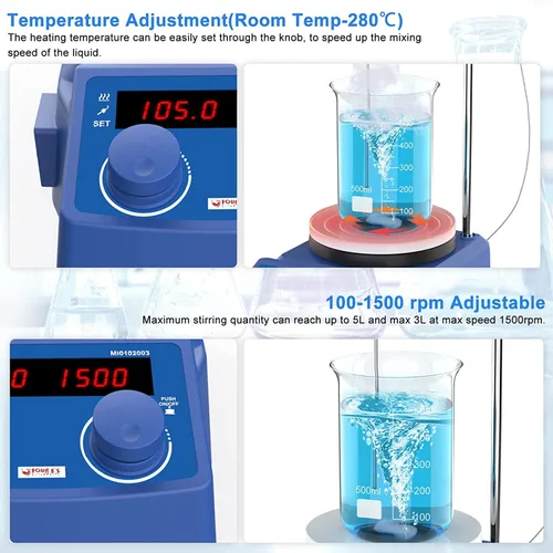 Vista 3 de FOUR E'S SCIENTIFIC Placa caliente con agitador magnético de 5 pulgadas, temperatura máxima 280℃/536°F Capacidad máxima de agitación 5L