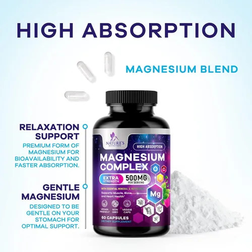 Vista 7 de Suplemento de complejo de magnesio – Magnesio 500 mg por porción – Mezcla 4 en 1 de alta absorción – Glicinato de magnesio 100% quelado con malato
